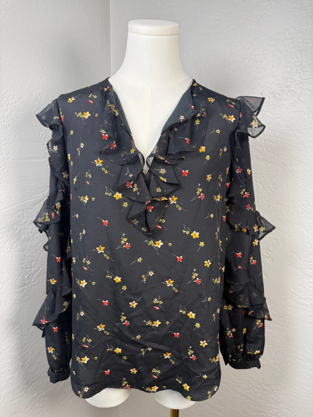 Lauren Ralph Lauren Black Floral Ruffle Blouse Sheer Long Sleeve Size S NWT